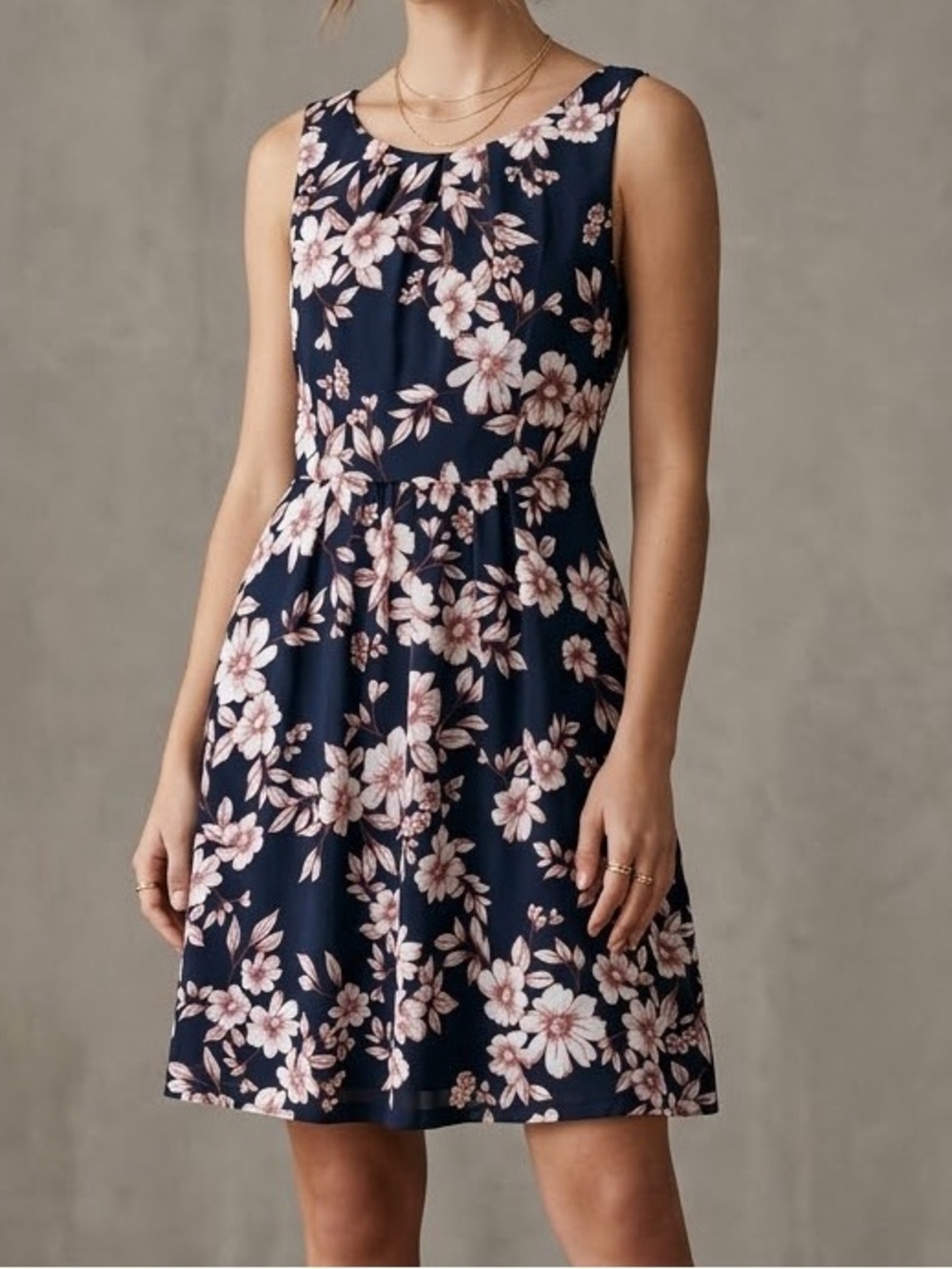 Connected Apparel Navy Blue Floral Fit and Flare Dress Sleeveless Size 6
